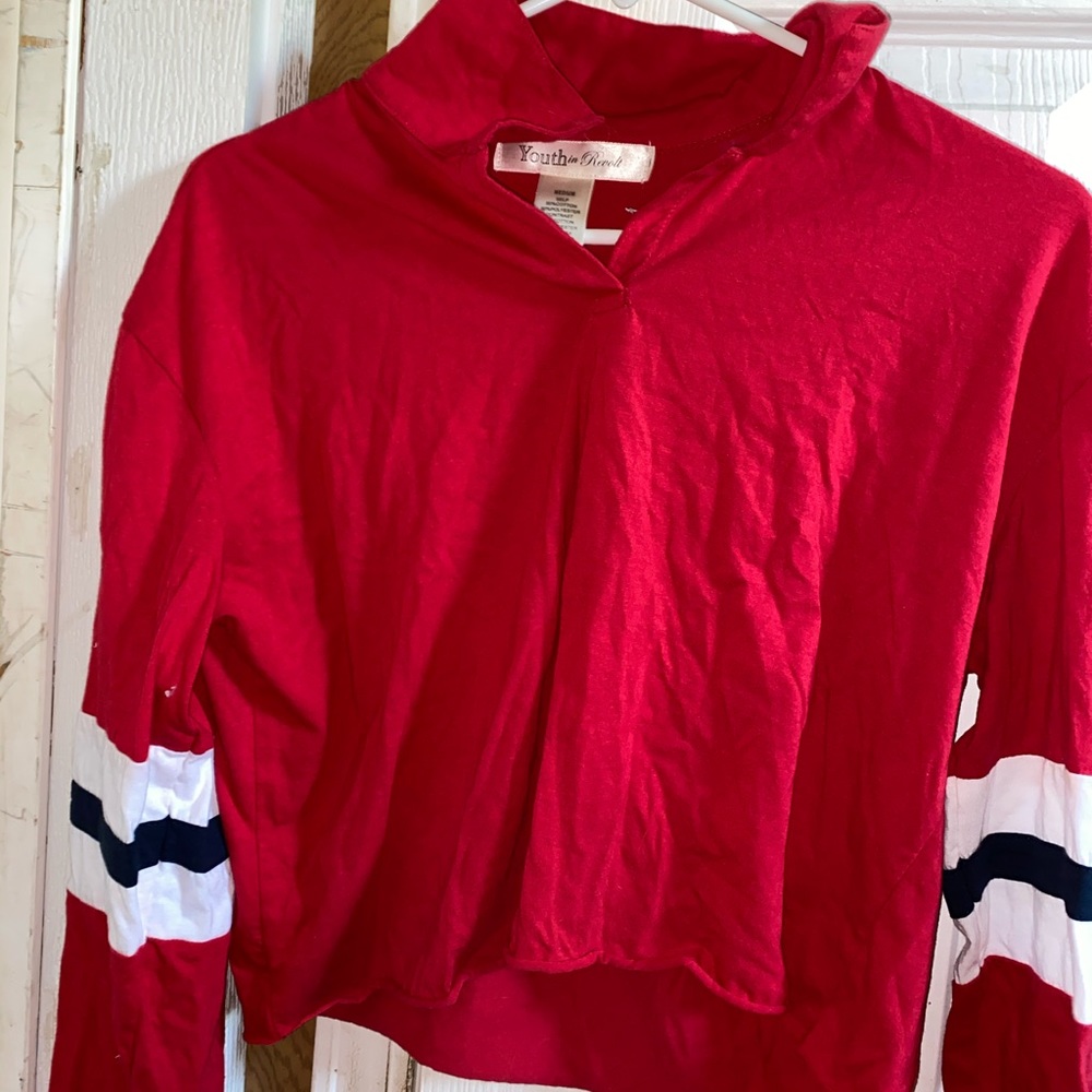 Red cropped, collared long sleeve